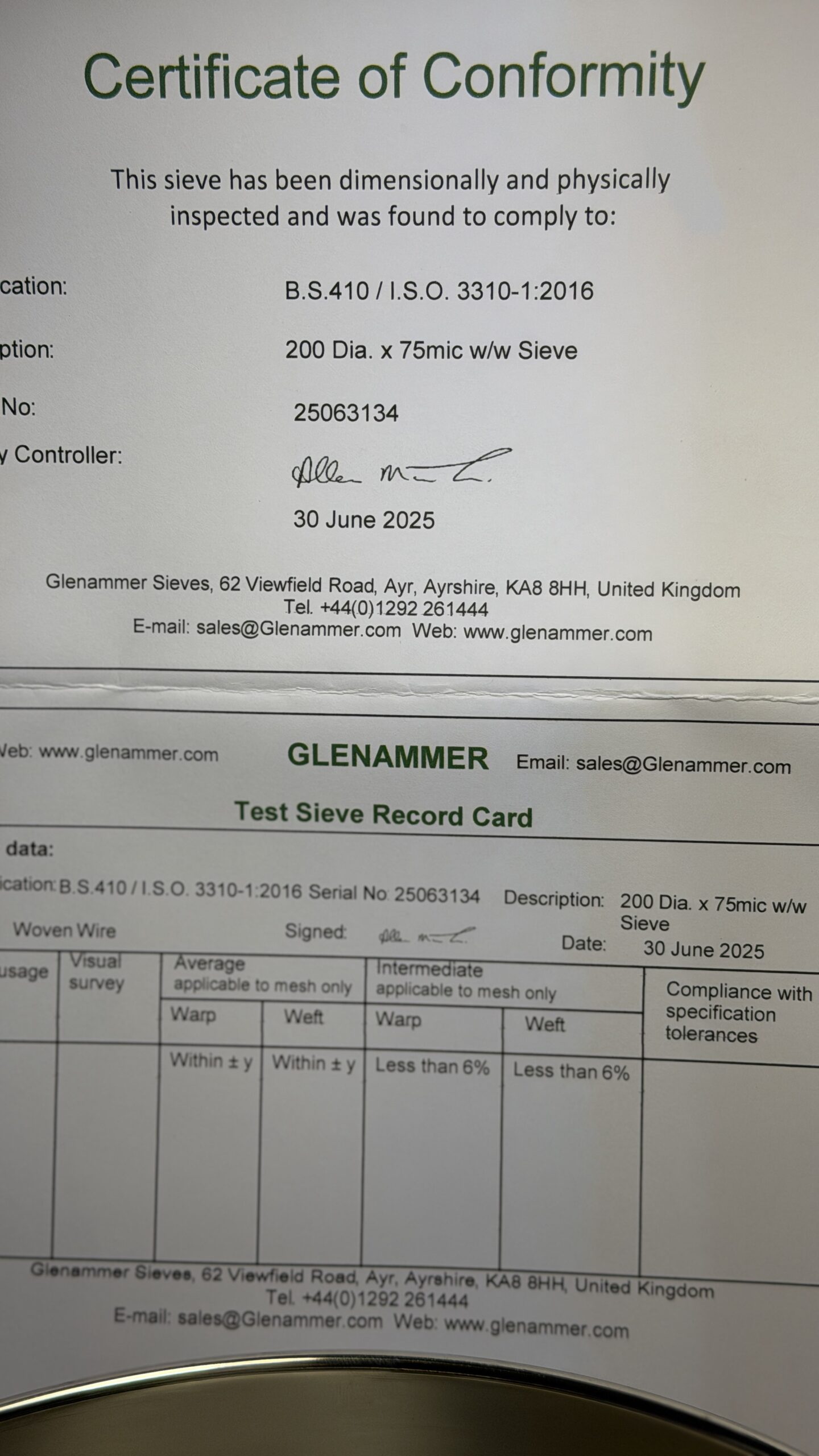 Glenammer sieve certificate